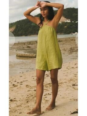 Back Beat Co. Linen Summer Romper S/XS Pistachio Green Halter Neck #F